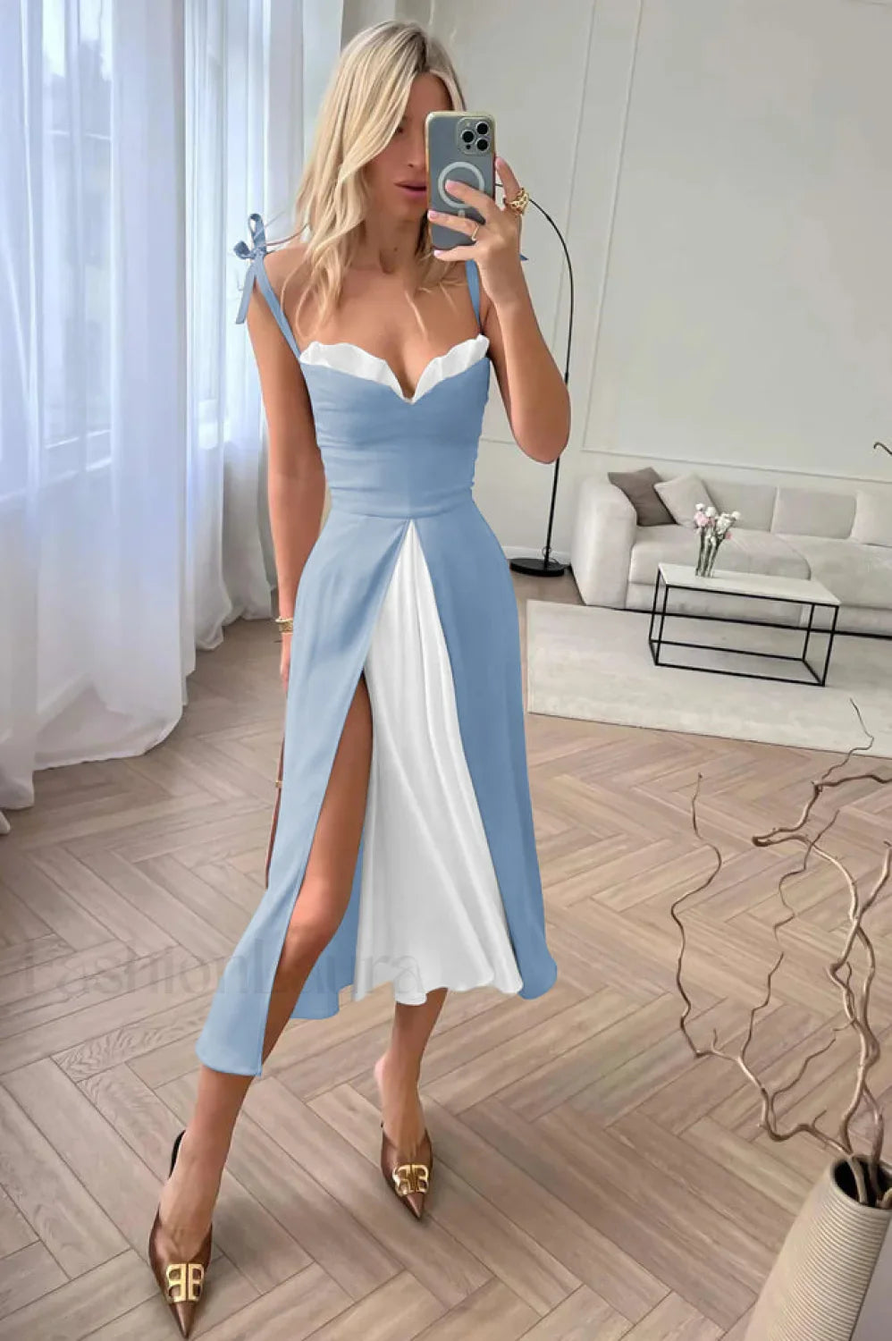High Waist Stylish Satin Wrap Dress S / Blue