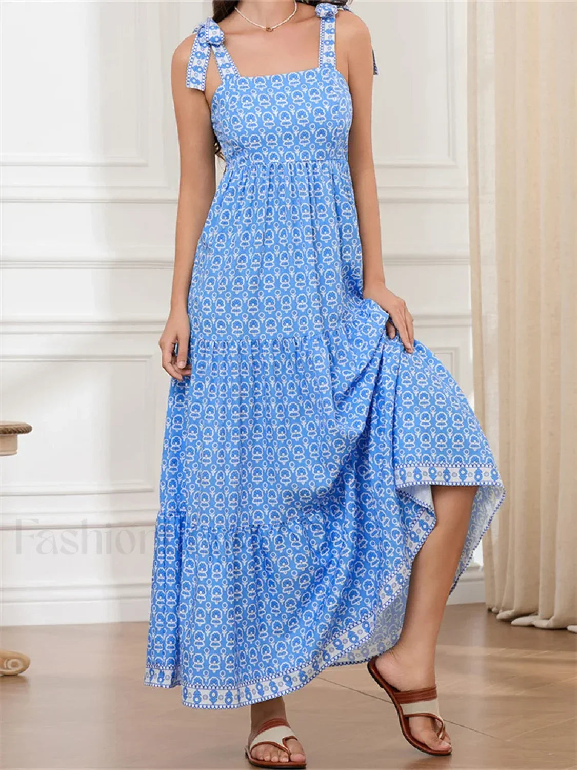 High Waist Tie Strap Print Maxi Dress