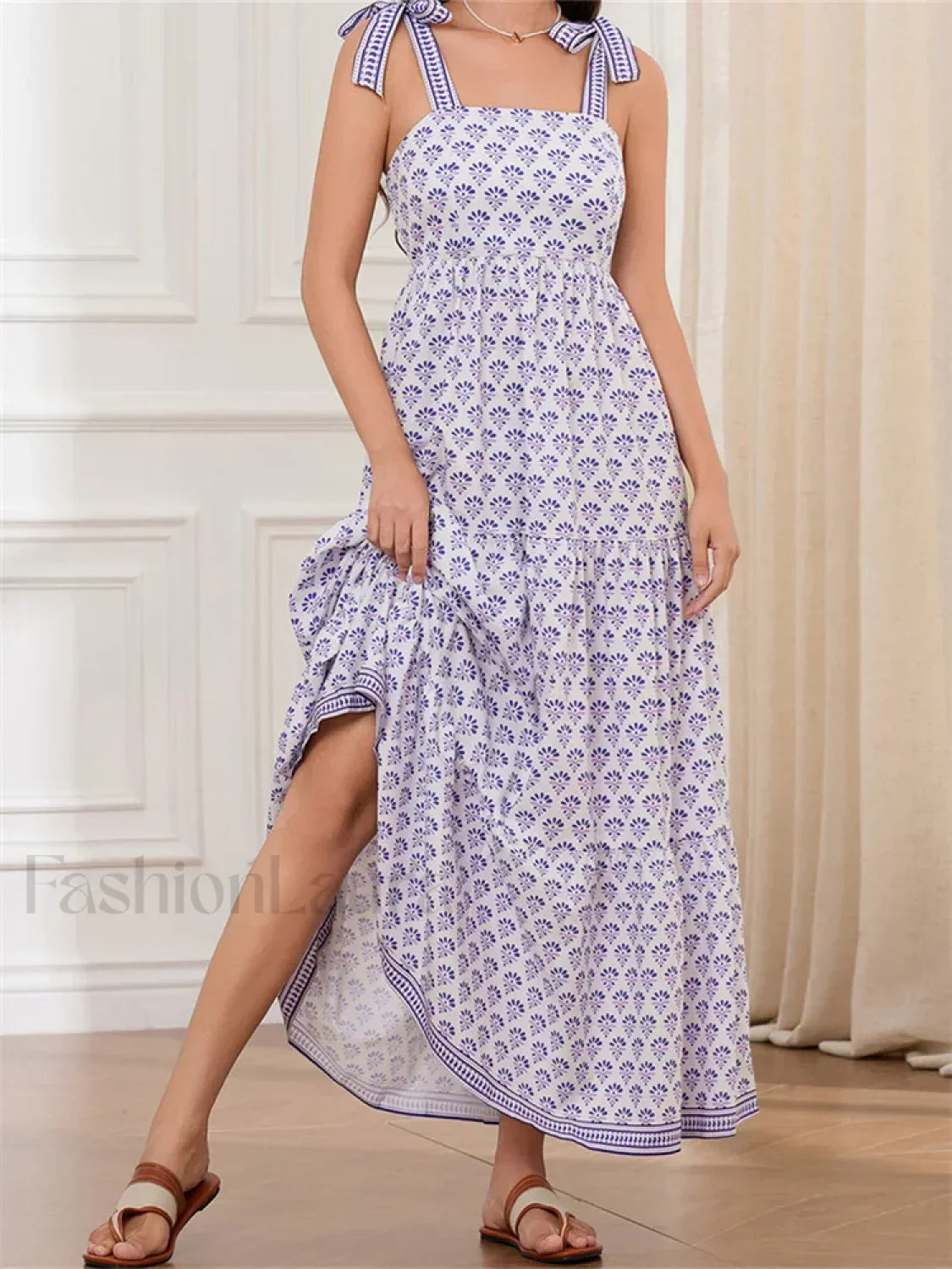 High Waist Tie Strap Print Maxi Dress