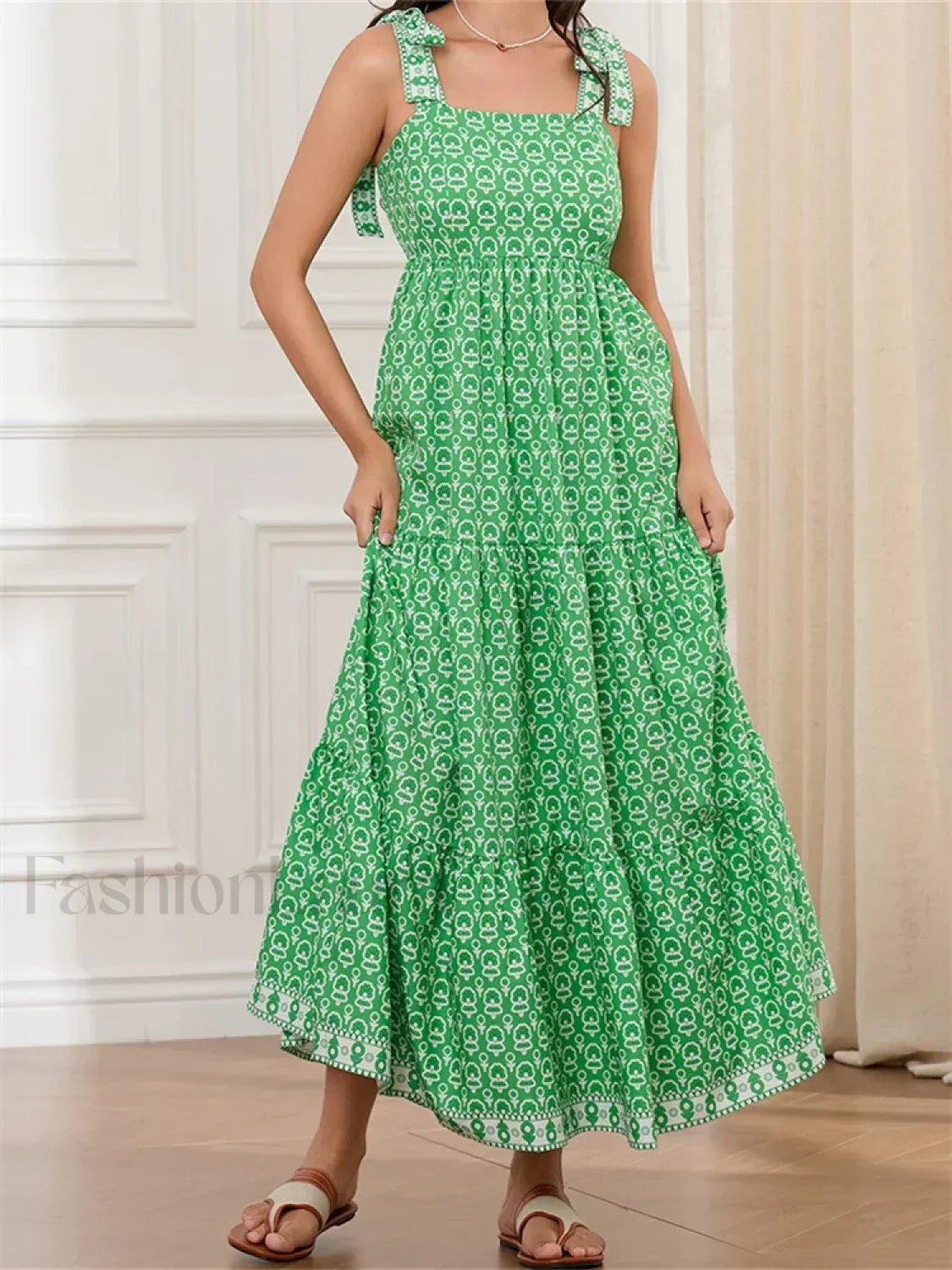 High Waist Tie Strap Print Maxi Dress
