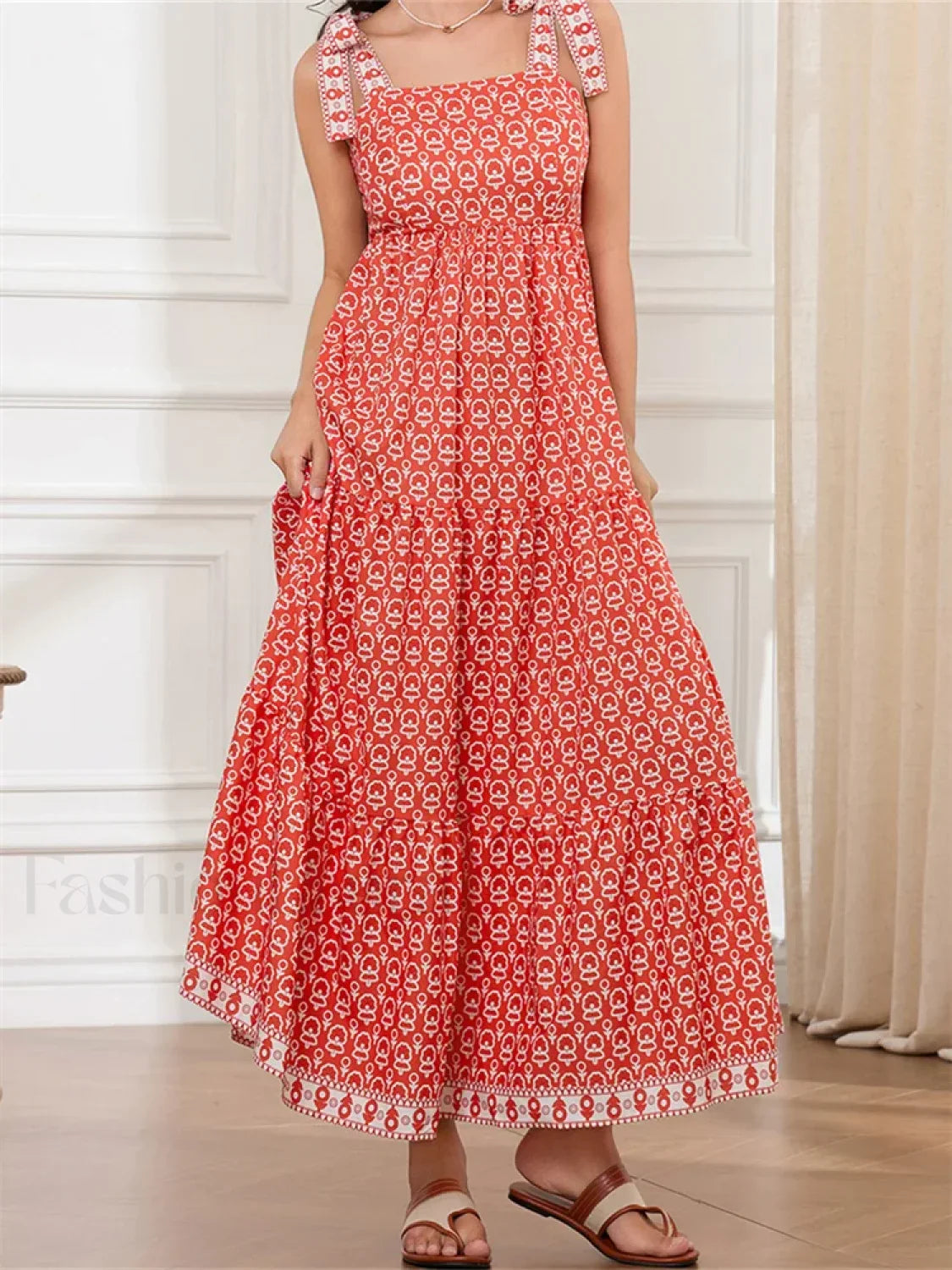 High Waist Tie Strap Print Maxi Dress