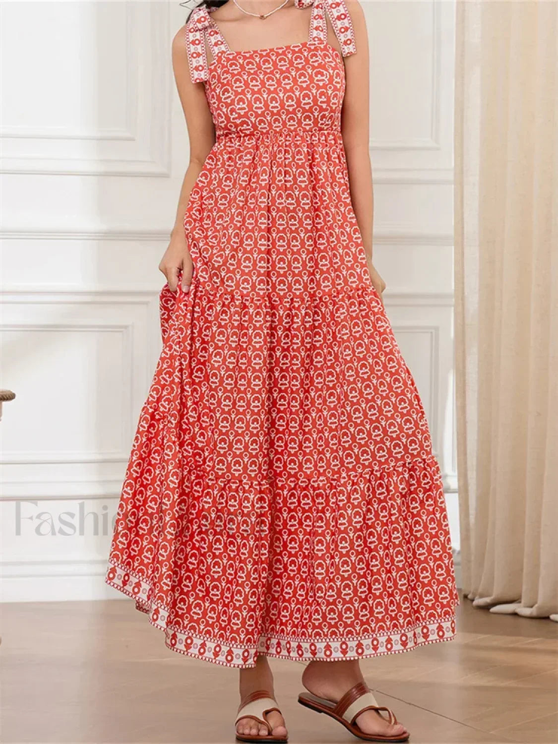 High Waist Tie Strap Print Maxi Dress red / S