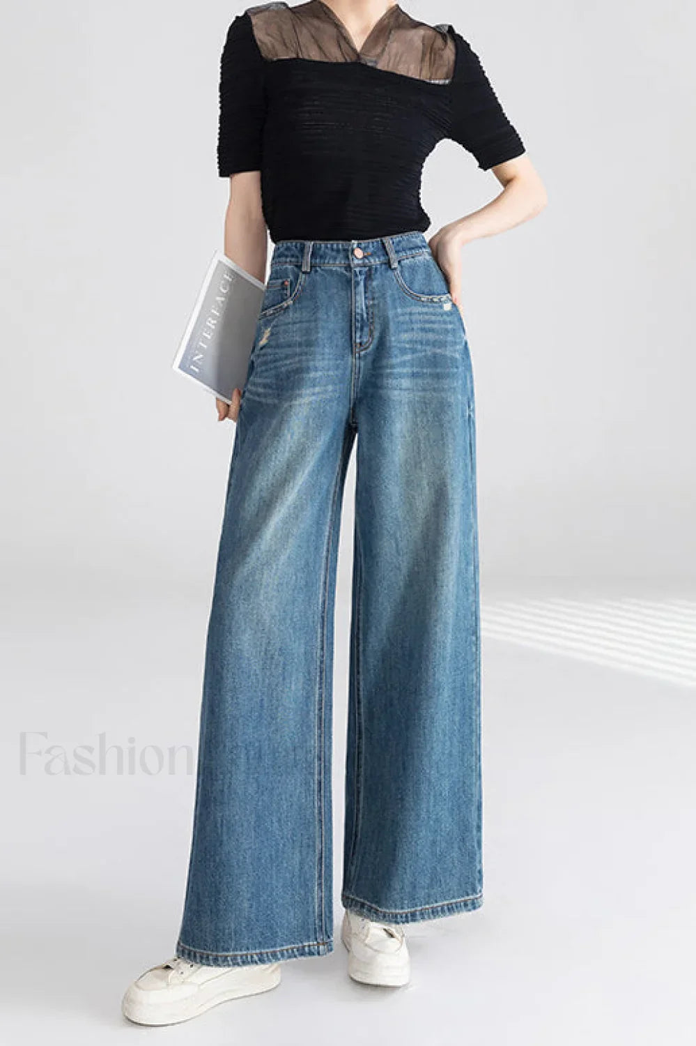 High Waist Wide Leg Cotton Jeans Blue / S