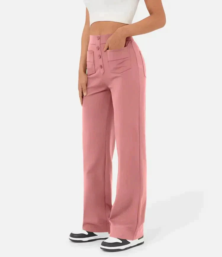 High Waist Button Front Patch Pocket Wide Leg Trousers