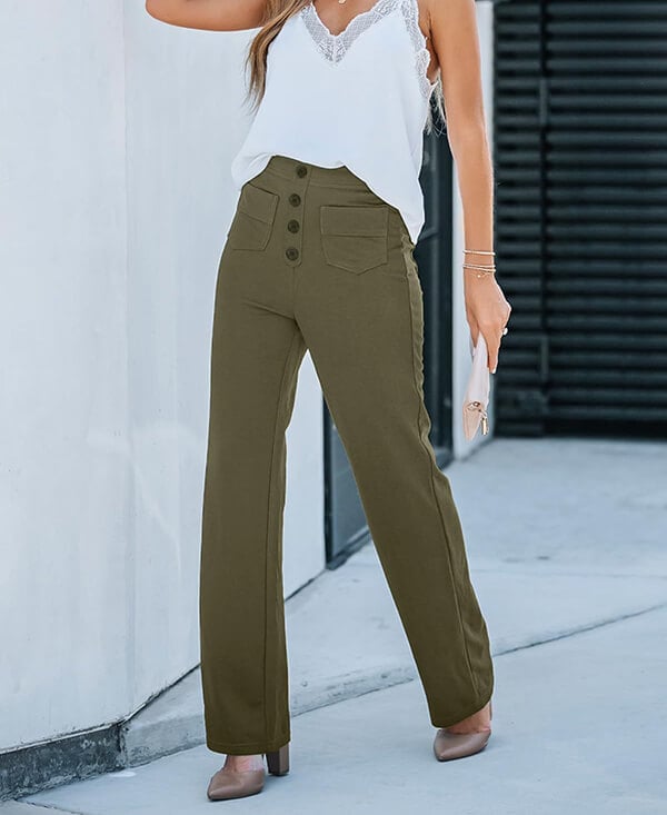 High Waist Button Front Patch Pocket Wide Leg Trousers