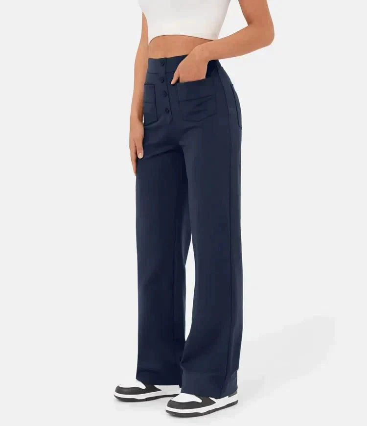 High Waist Button Front Patch Pocket Wide Leg Trousers