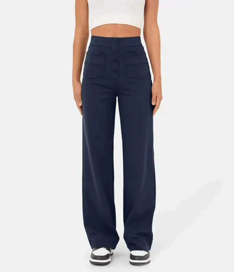 High Waist Button Front Patch Pocket Wide Leg Trousers