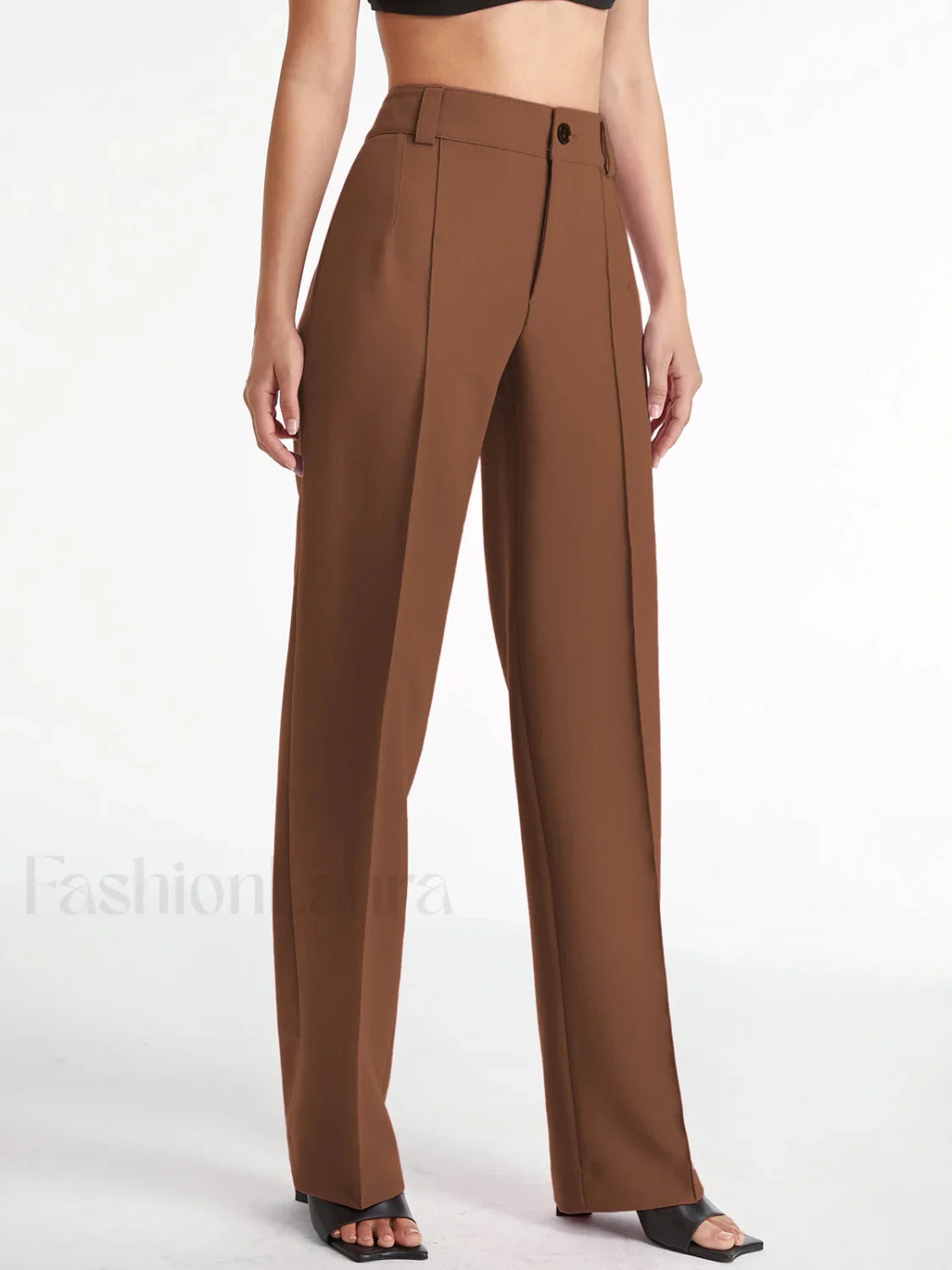 High Waisted Pleat Front Modern Solid Colored Straight Leg Trousers Brown / XS Pants