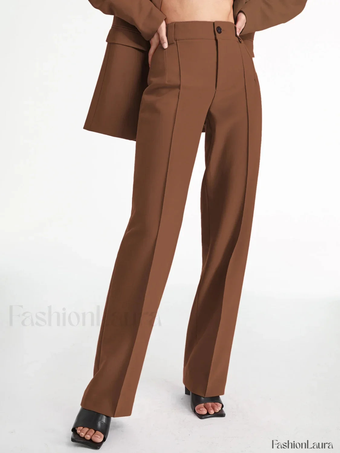 High Waisted Pleat Front Modern Solid Colored Straight Leg Trousers