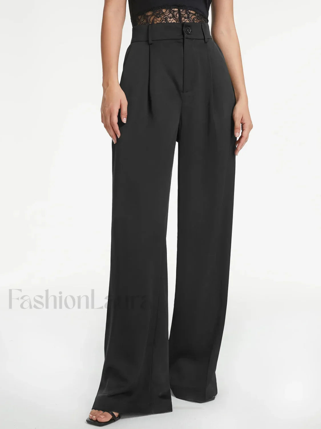 High Waisted Pleat Trendy Front Wide Leg Trousers Black / XS Pants