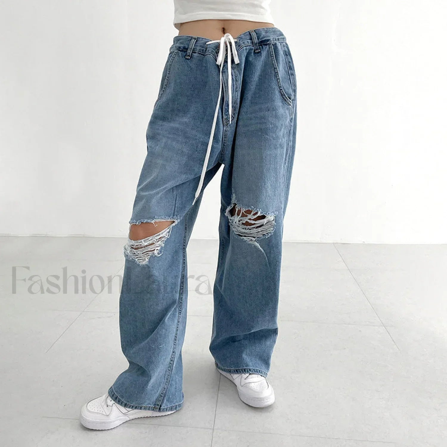 Hip Hop Irregular Ripped Modern High Waist Tie Loose Pants Blue / S women clothing