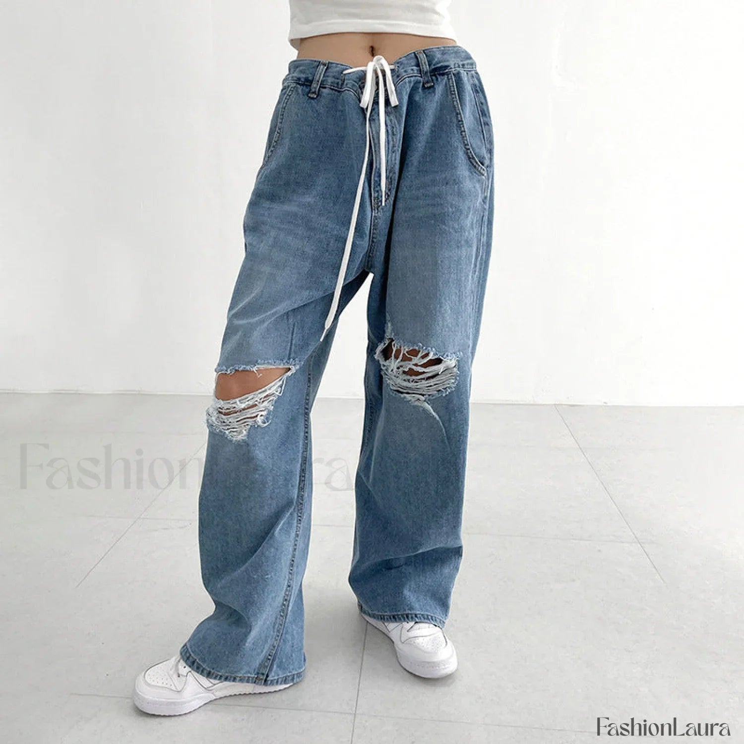 Hip Hop Irregular Ripped Modern High Waist Tie Loose Pants