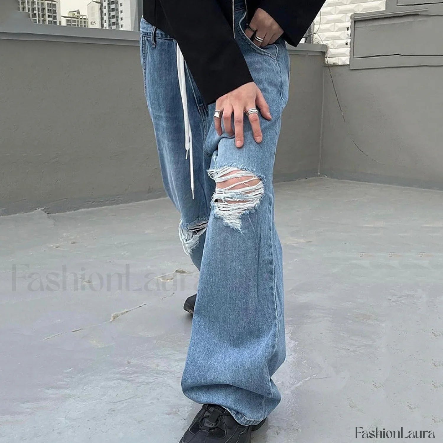 Hip Hop Irregular Ripped Modern High Waist Tie Loose Pants
