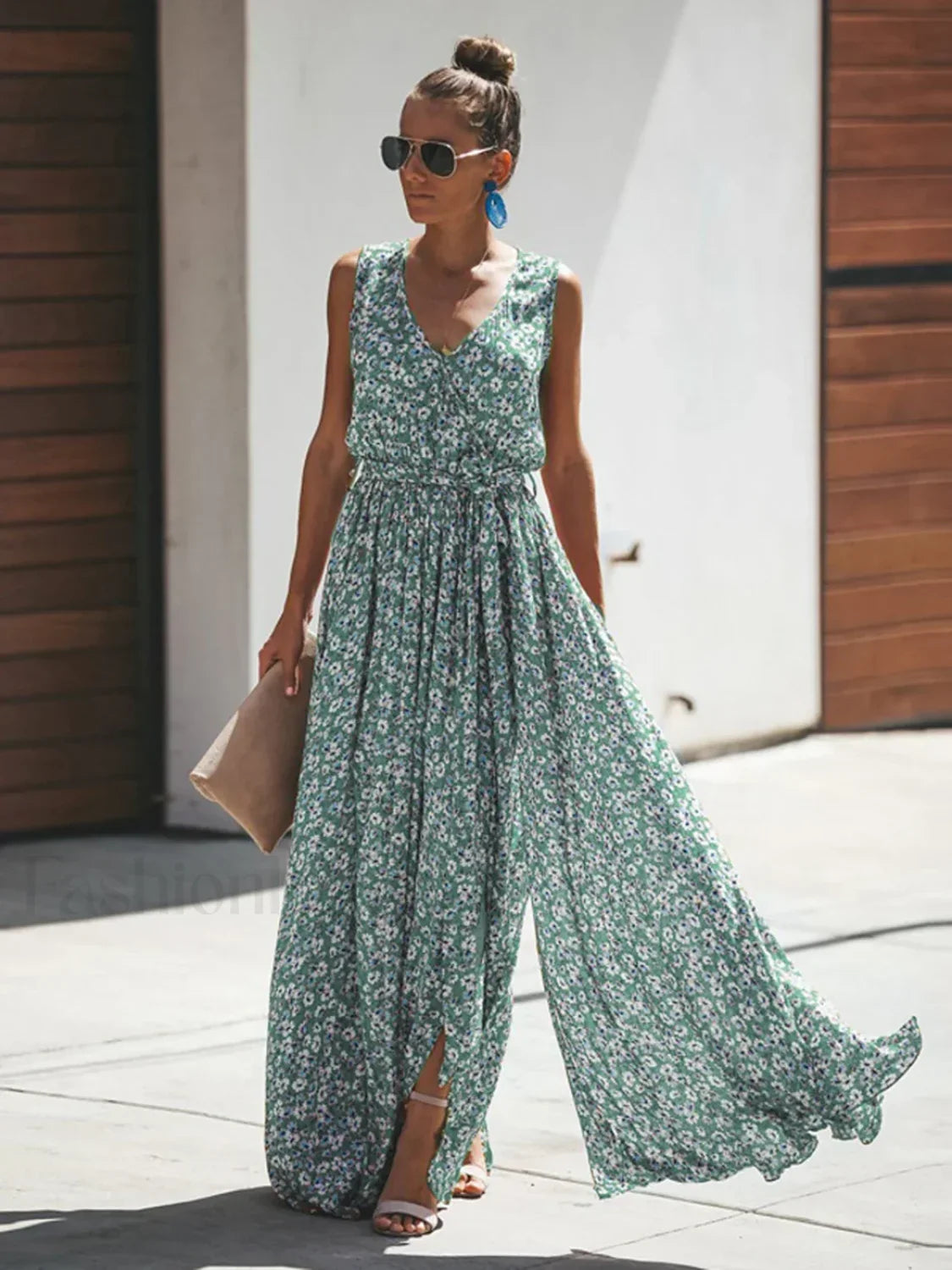 Hippie Floral Maxi Boho Dress Green / S