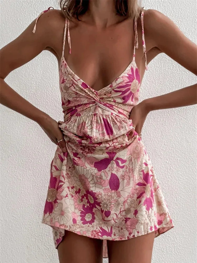 Floral V-Neck Spaghetti Strap Twist Front Mini Dress Summer