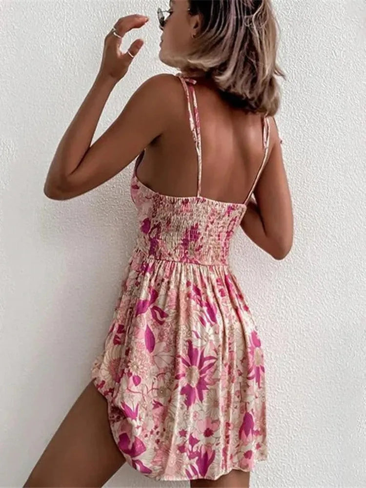 Floral V-Neck Spaghetti Strap Twist Front Mini Dress Summer 2