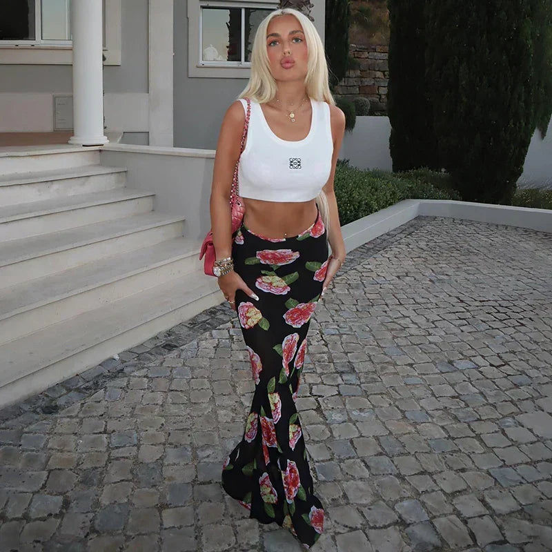 Rose Print Sheer Mesh Low Waist Mermaid Maxi Skirt 3