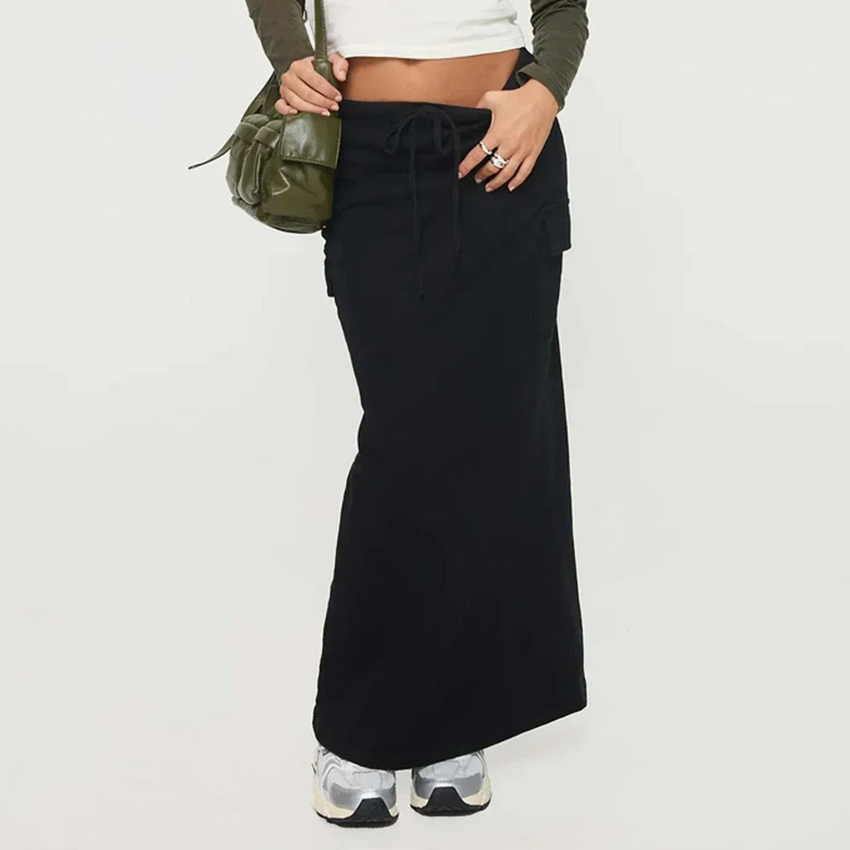 Low Waist Drawstring Cargo Pocket Straight Maxi Skirt 4