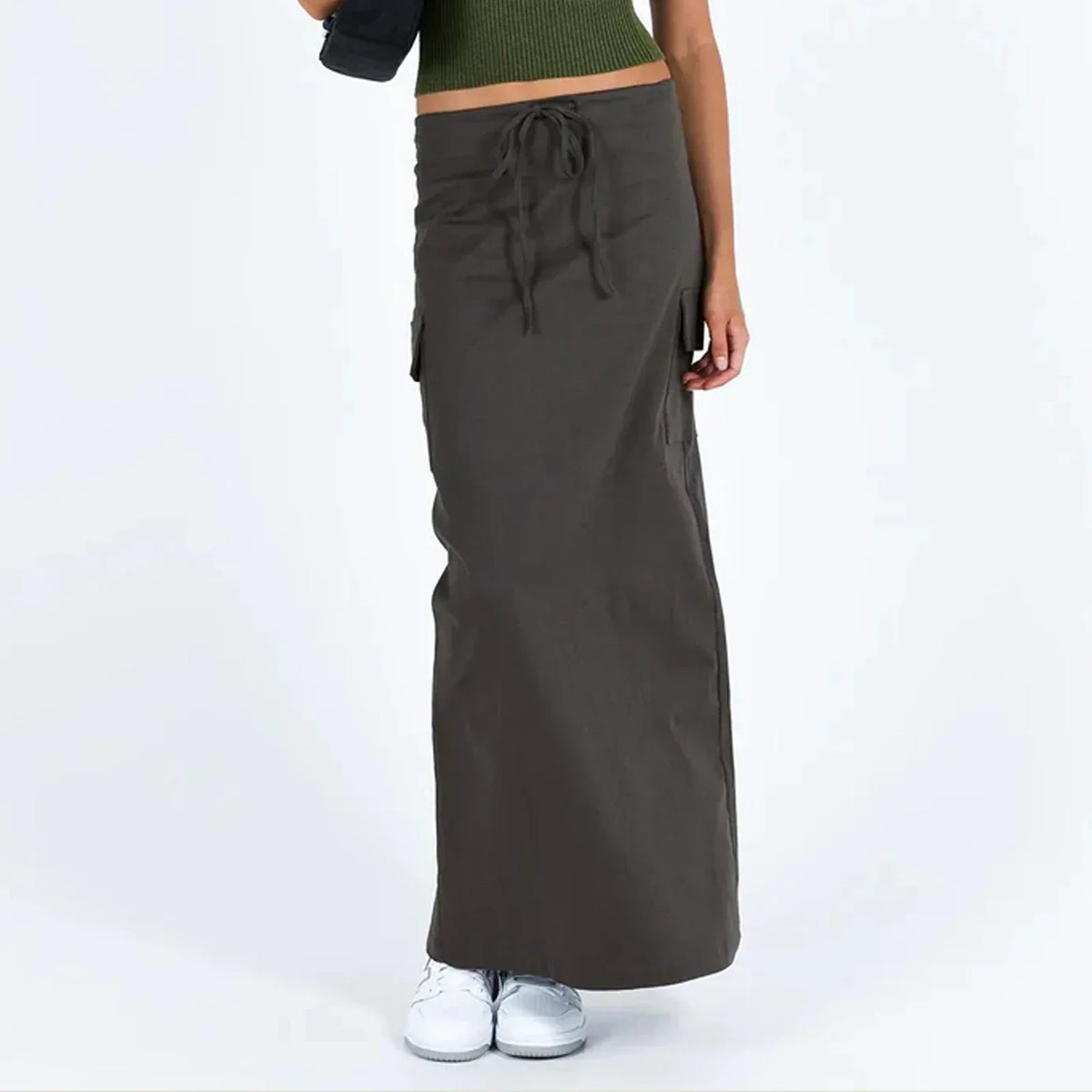 Low Waist Drawstring Cargo Pocket Straight Maxi Skirt 6