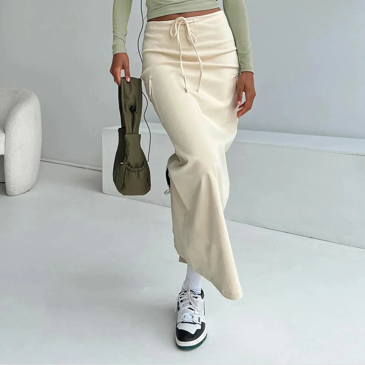 Low Waist Drawstring Cargo Pocket Straight Maxi Skirt 2