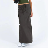 Y2K Cargo Drawstring Bodycon Slit Maxi Skirt Dark Grey / S