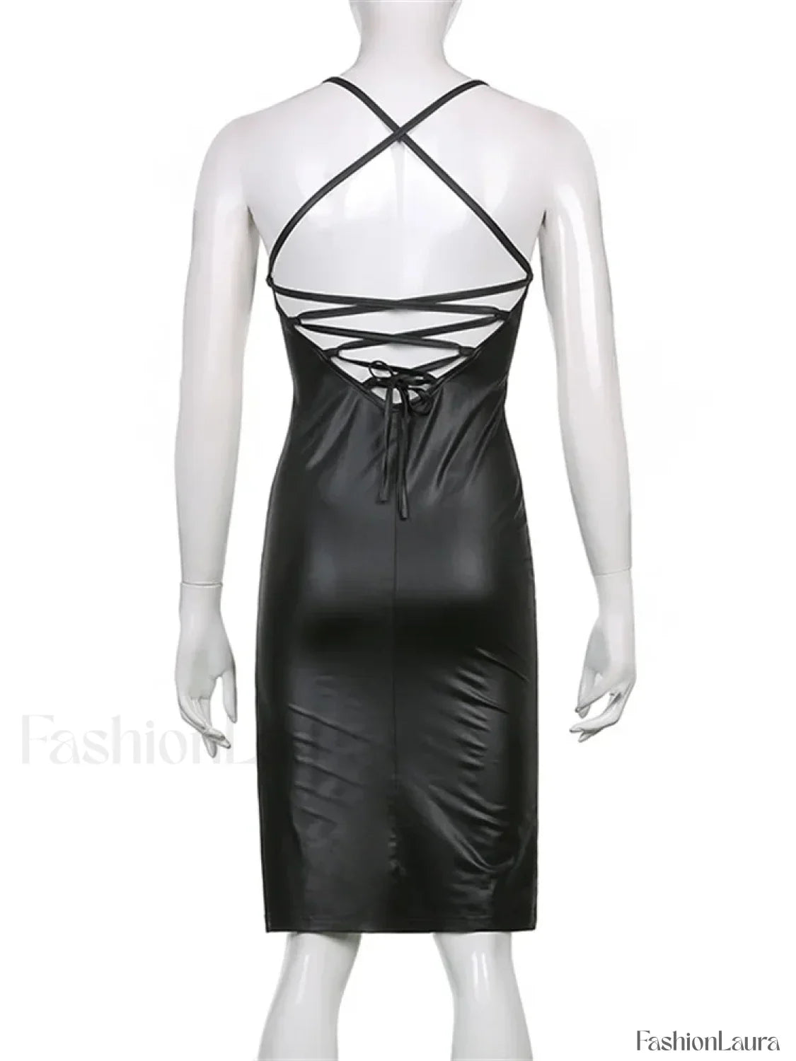 Hirigin PU Leather Black Party Halter Backless Bandage Club Slit Midi Dress