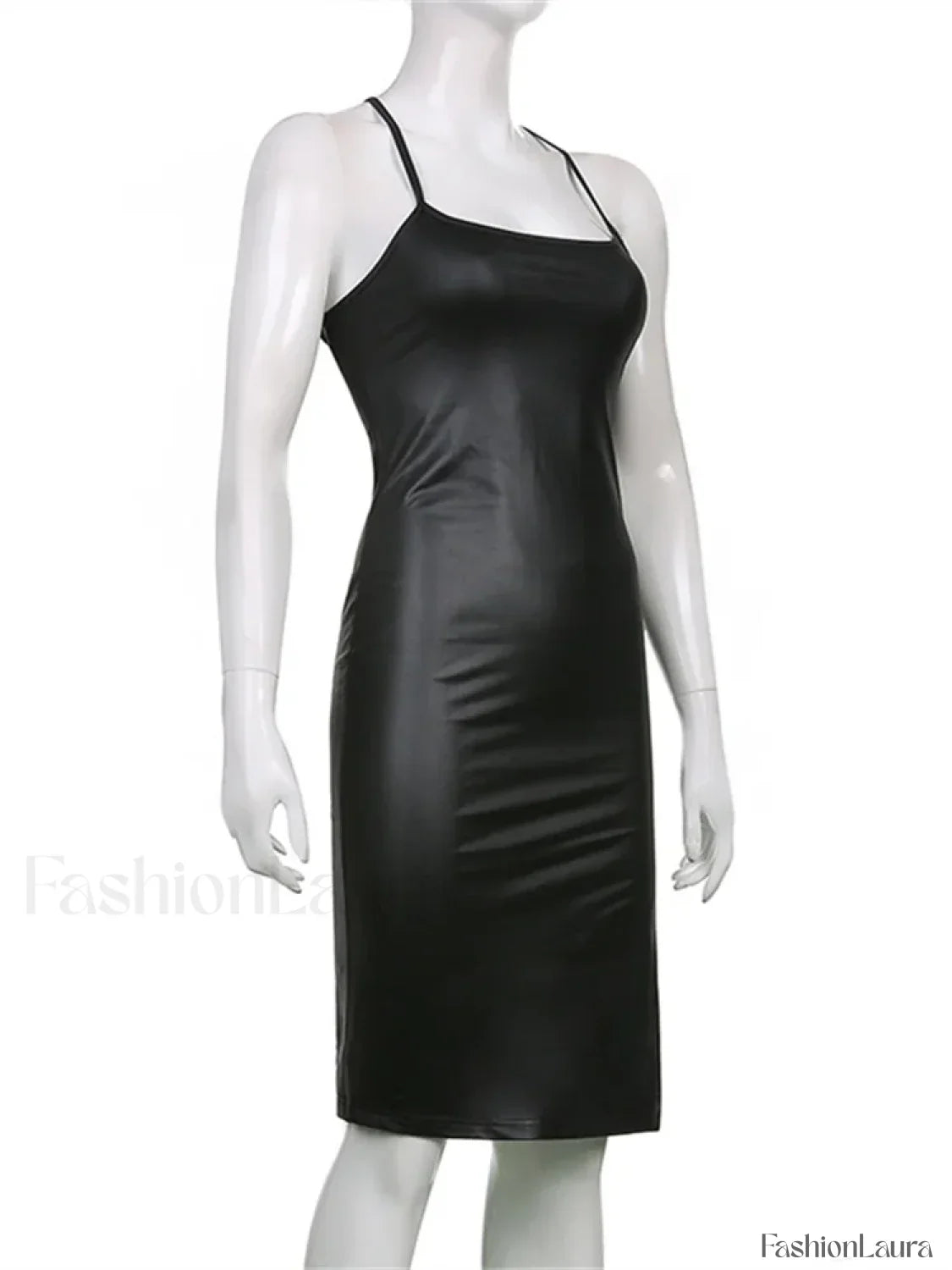 Hirigin PU Leather Black Party Halter Backless Bandage Club Slit Midi Dress