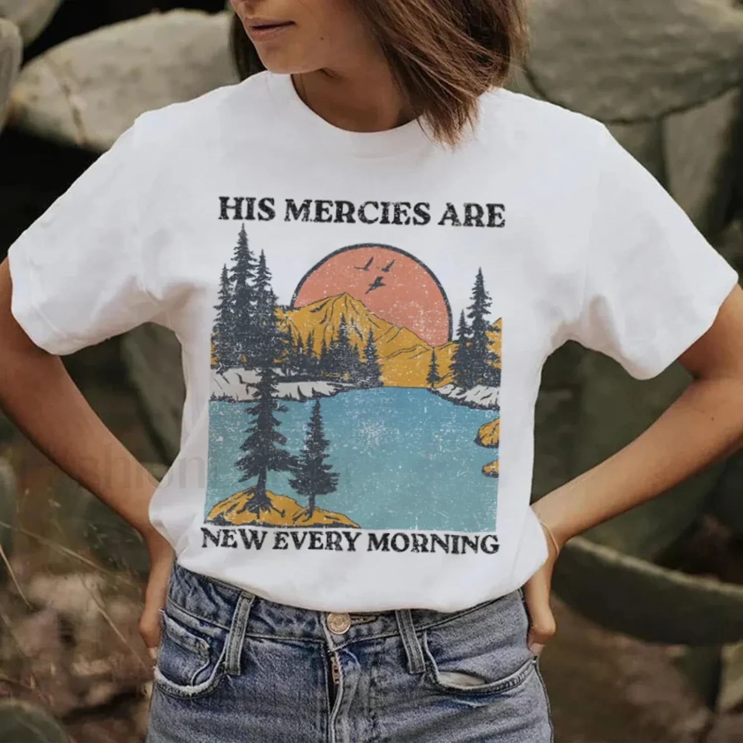 His Mercies Christian Bible Verse Vintage T Shirt WHITE / S
