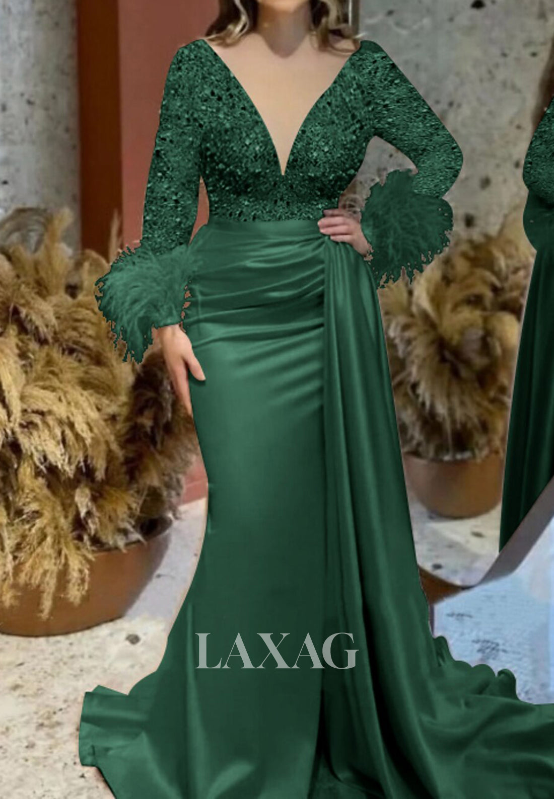 Deep V-Neck Long Sleeves Sequined Beaded Fringed Pleated Mermaid Prom Dress with Sweep Train