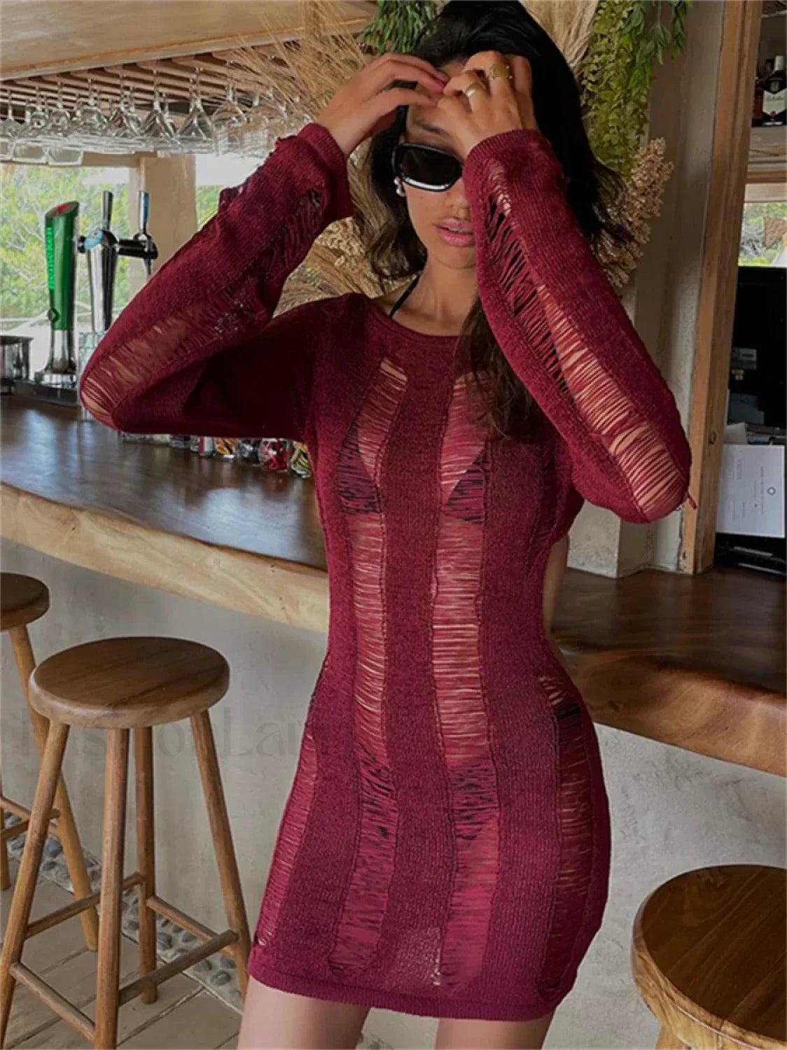 Holes Ripped Knit Backless Hollow Out Cover Up