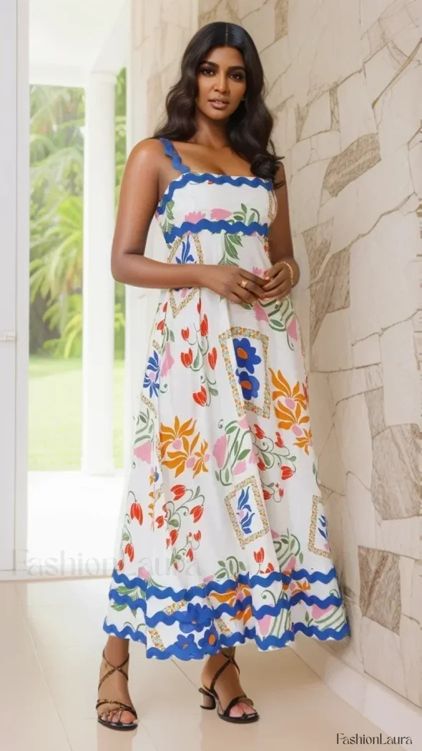 Holiday Digital Printed Long Women Fashion Summer Elegant A- Line Vintage Sling Maxi Dress