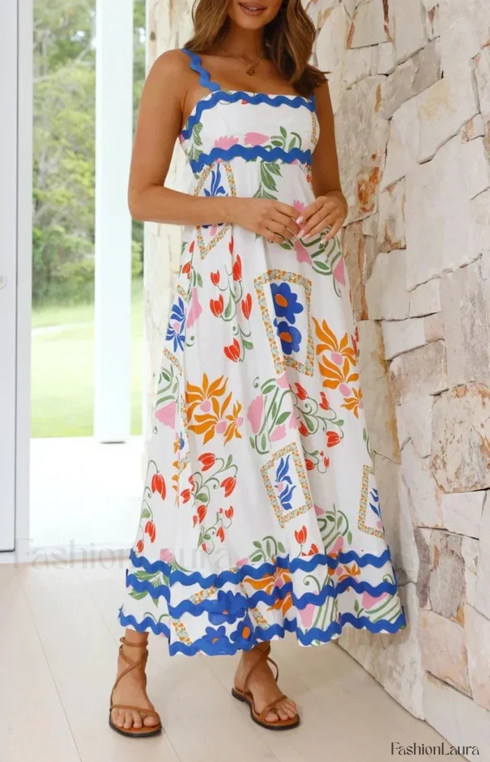 Holiday Digital Printed Long Women Fashion Summer Elegant A- Line Vintage Sling Maxi Dress