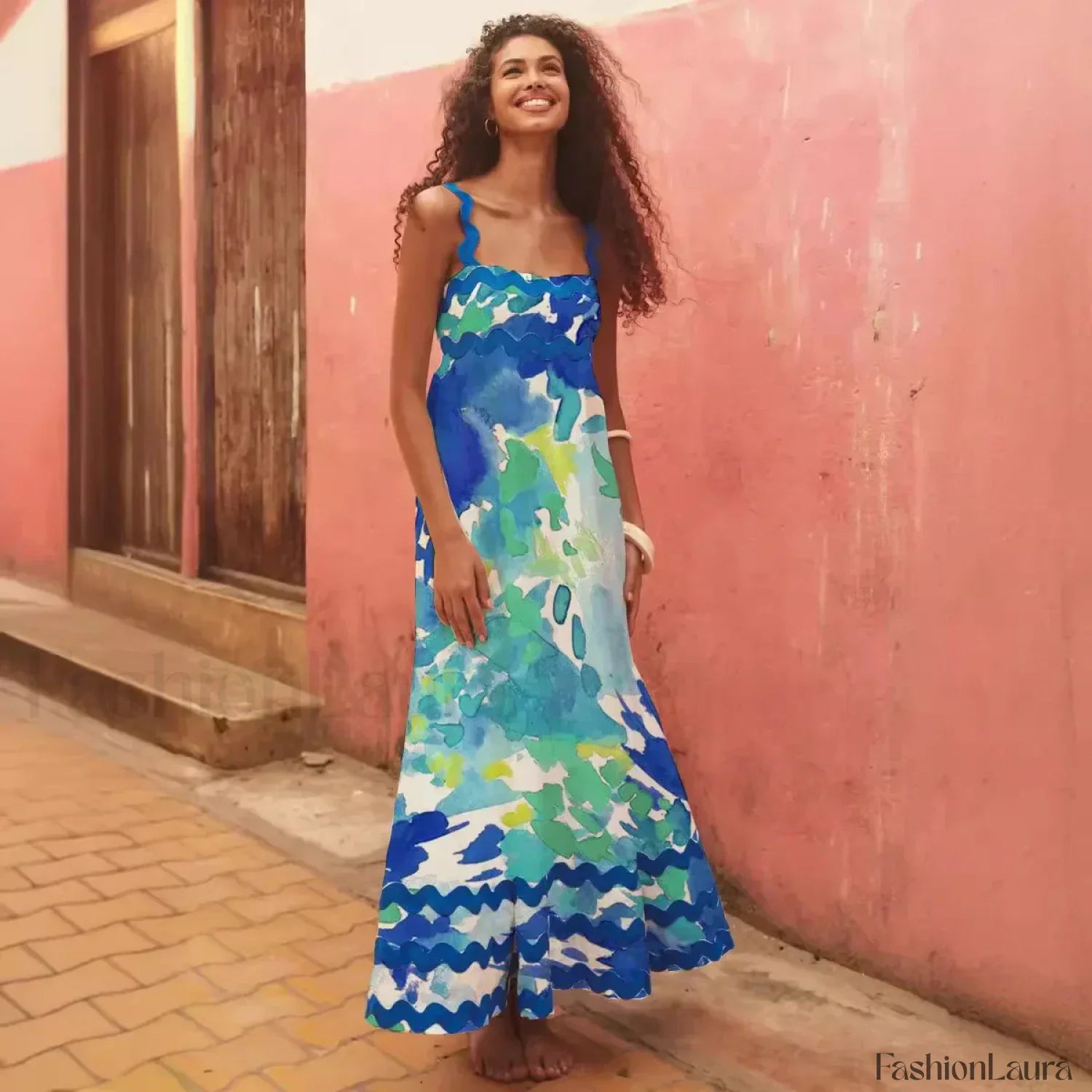Holiday Digital Printed Long Women Fashion Summer Elegant A- Line Vintage Sling Maxi Dress