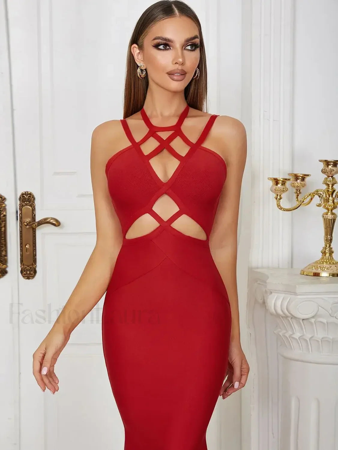 Hollow Lace-Up Spaghetti Midi Dress