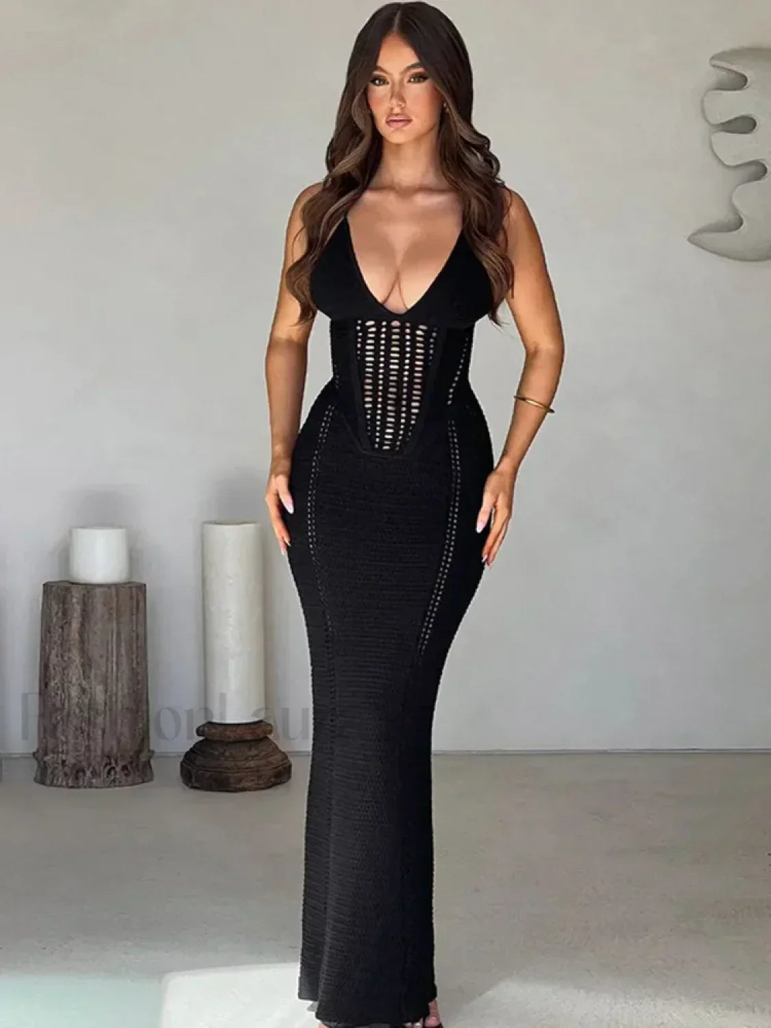 Hollow Lace Up Sweater Maxi Dress