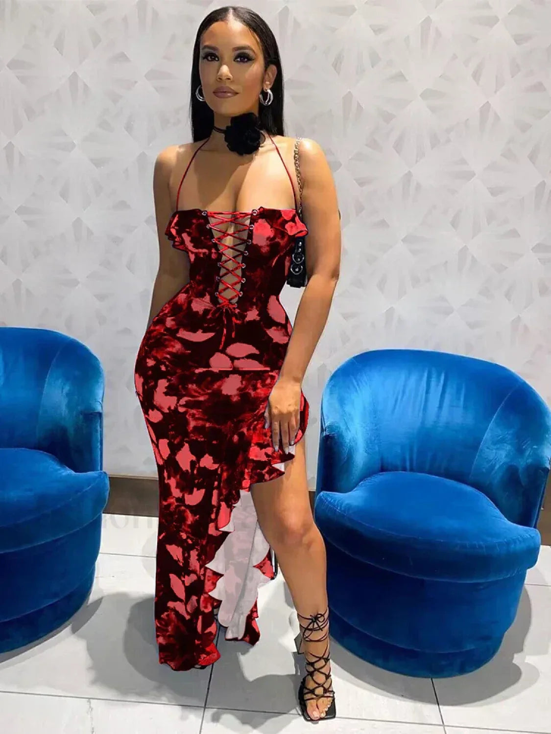 Hollow-Out Lace-Up Floral Dress