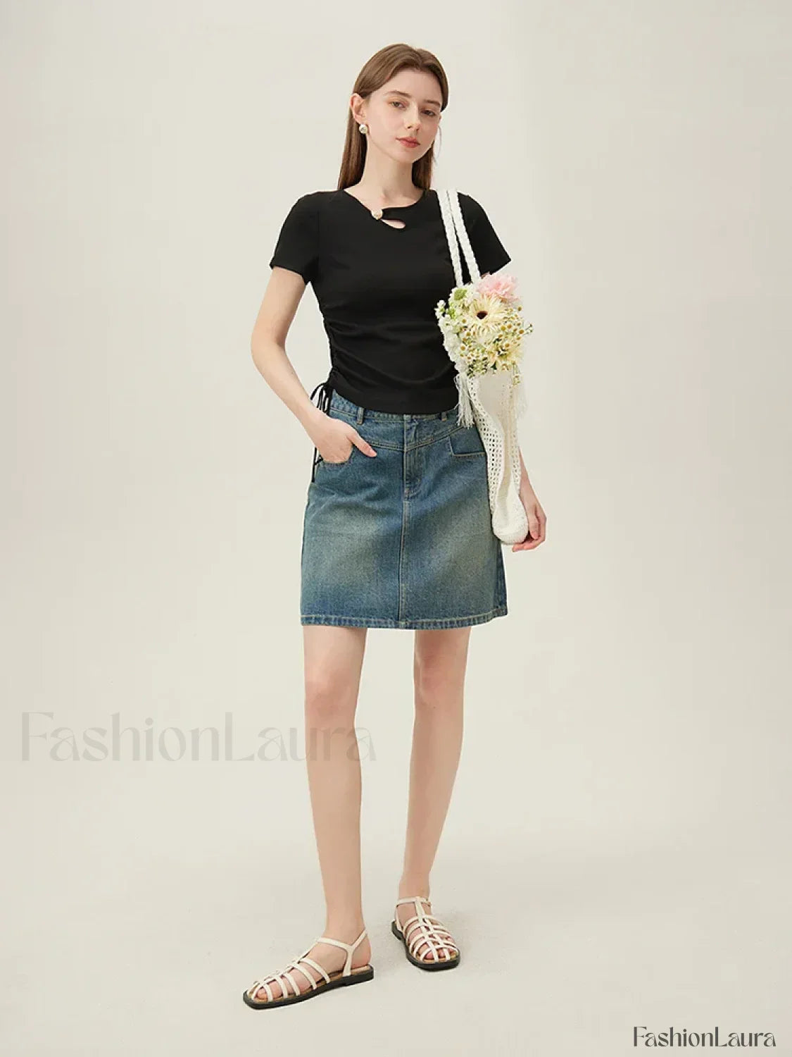 Hollow Out Slim Drawstring Black T-Shirt