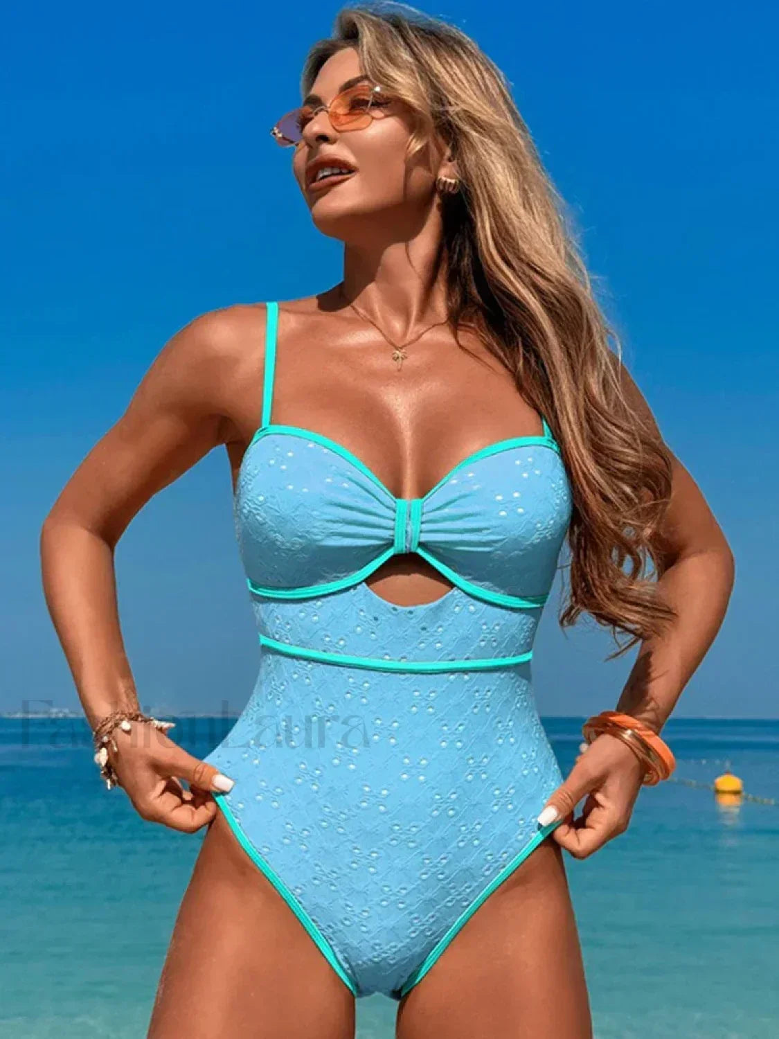 Hollow Out Slim Spliced One Piece Blue / S