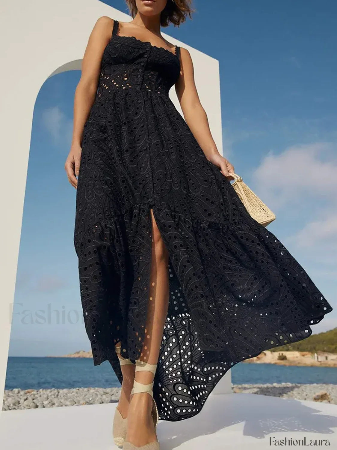 Hollow-Out Square Collar Floral Dress