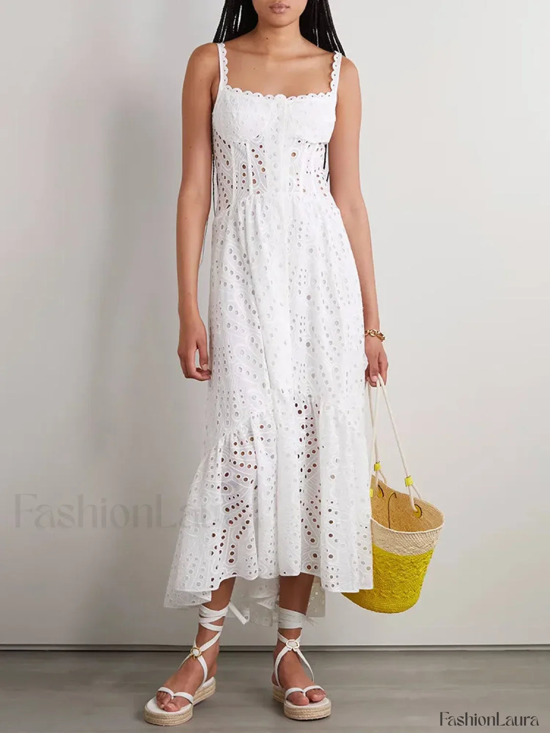 Hollow-Out Square Collar Floral Dress