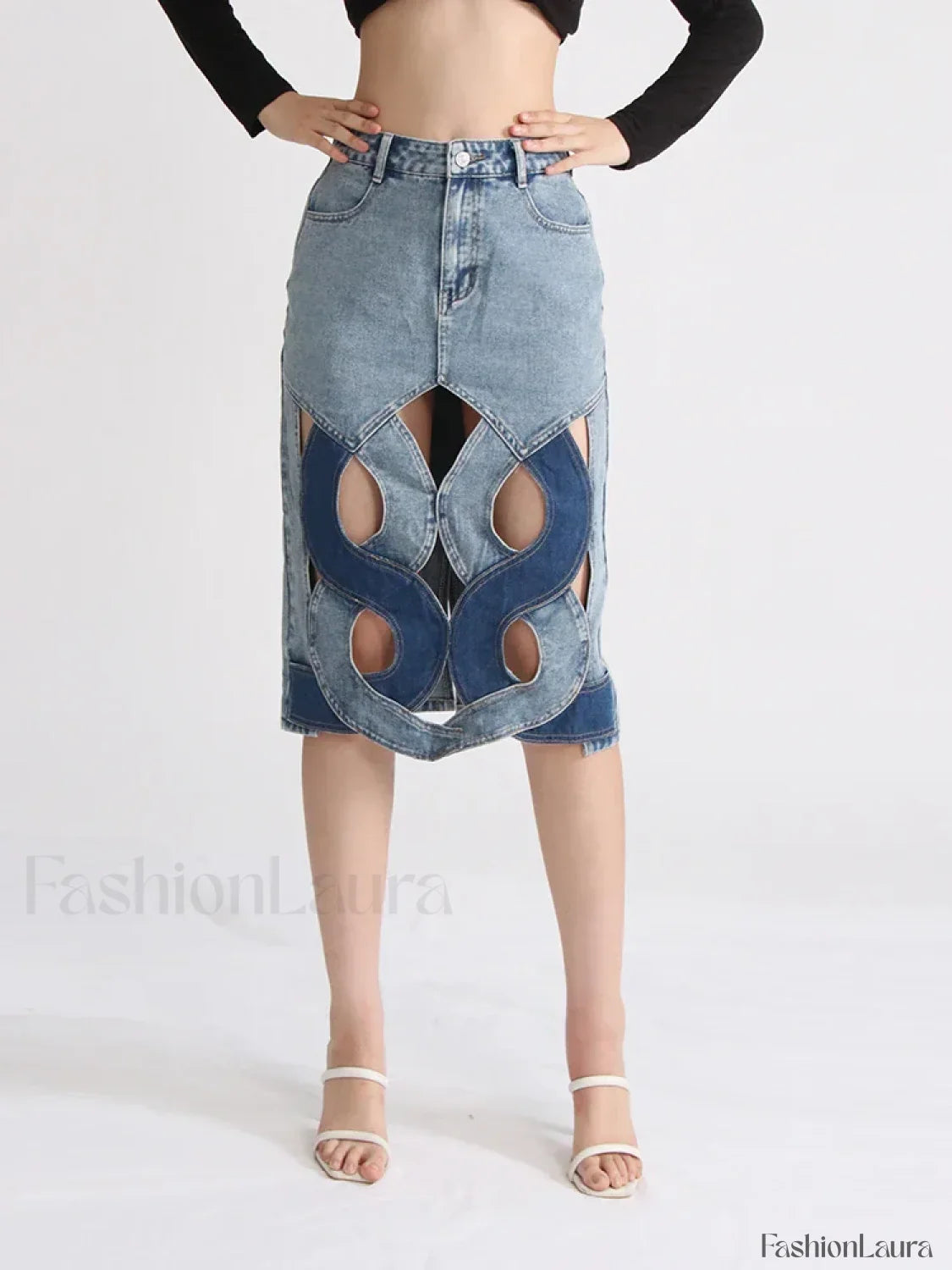 Hollow Out Zipper Denim Skirt