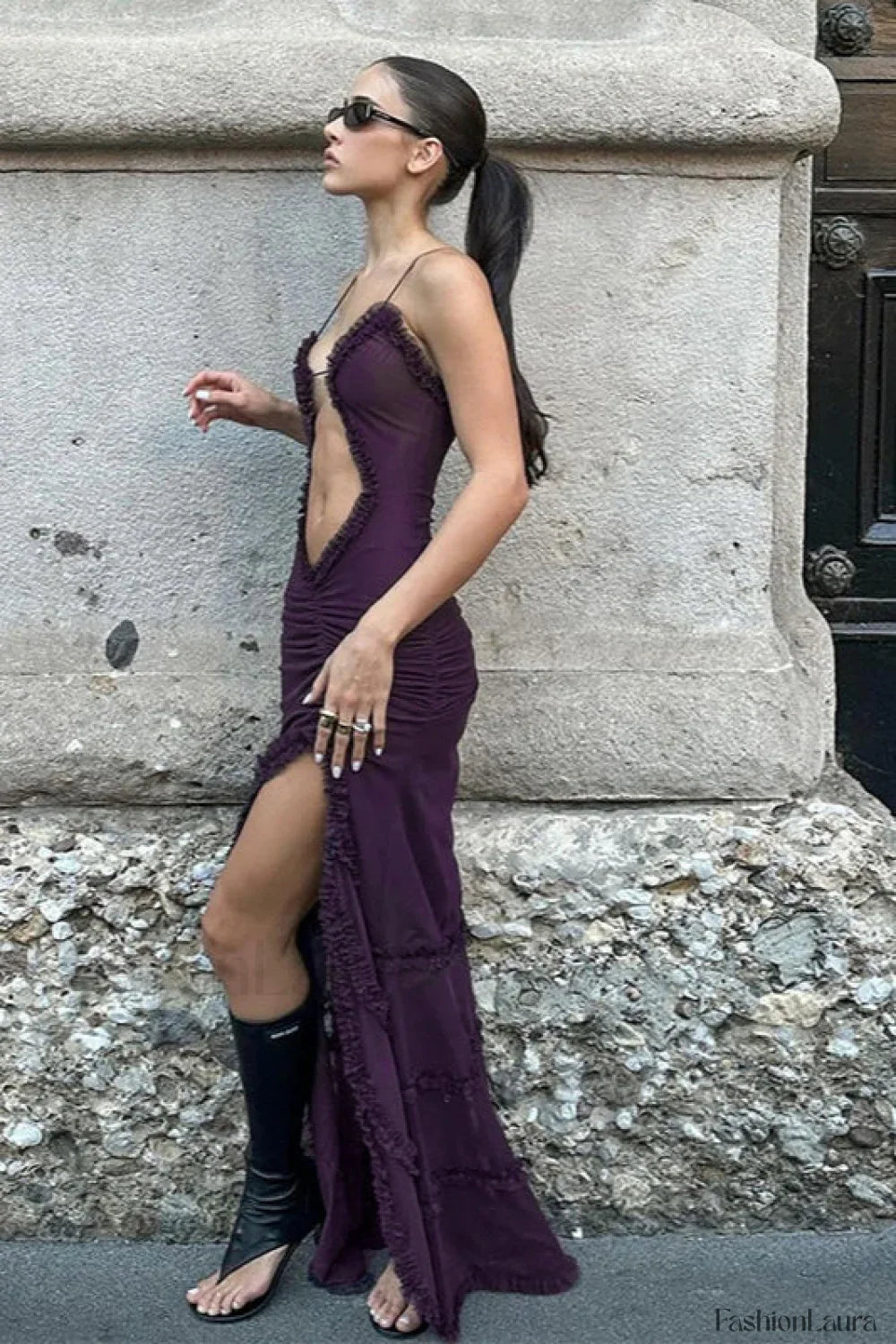 Hollow Pleated Lace Slit Suspender Maxi Dress