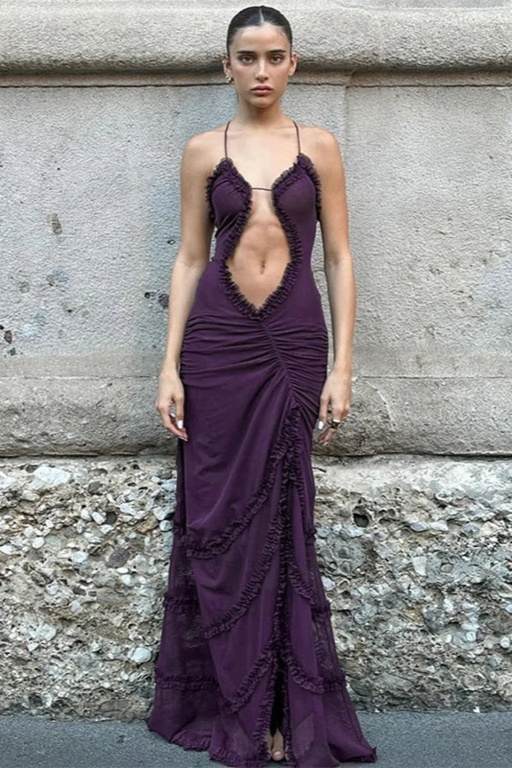 Hollow Pleated Lace Slit Suspender Maxi Dress