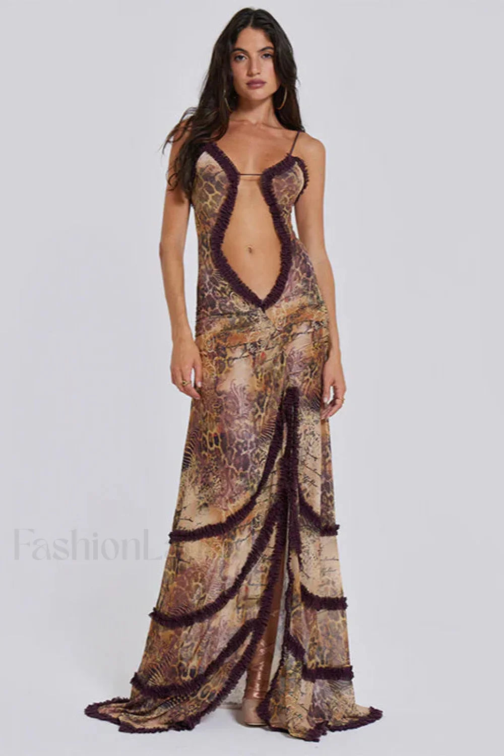 Hollow Pleated Lace Slit Suspender Maxi Dress
