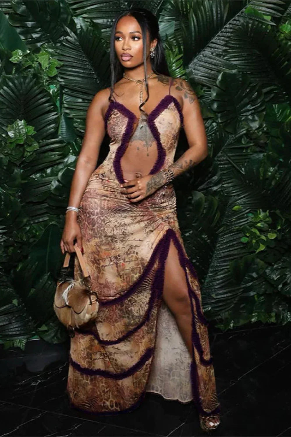 Hollow Pleated Lace Slit Suspender Maxi Dress