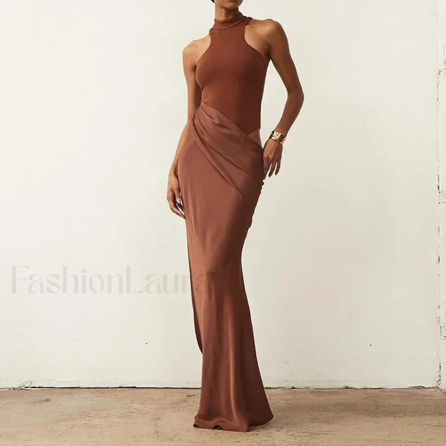 Hollow Pleated Patchwork Maxi Dress 02 Yellow Brown / S