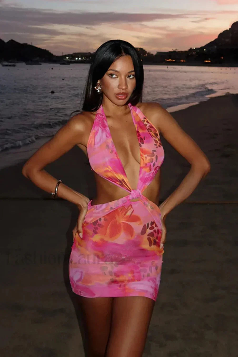 Hollow Print Halter Beach Vacation Floral Dress