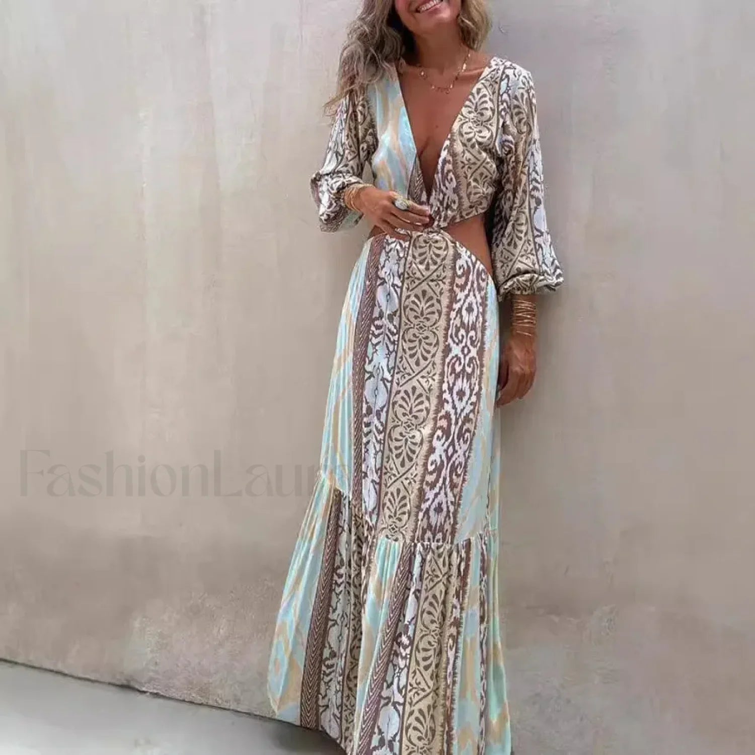 Hollow-Splicing Long-Sleeve Boho Dress