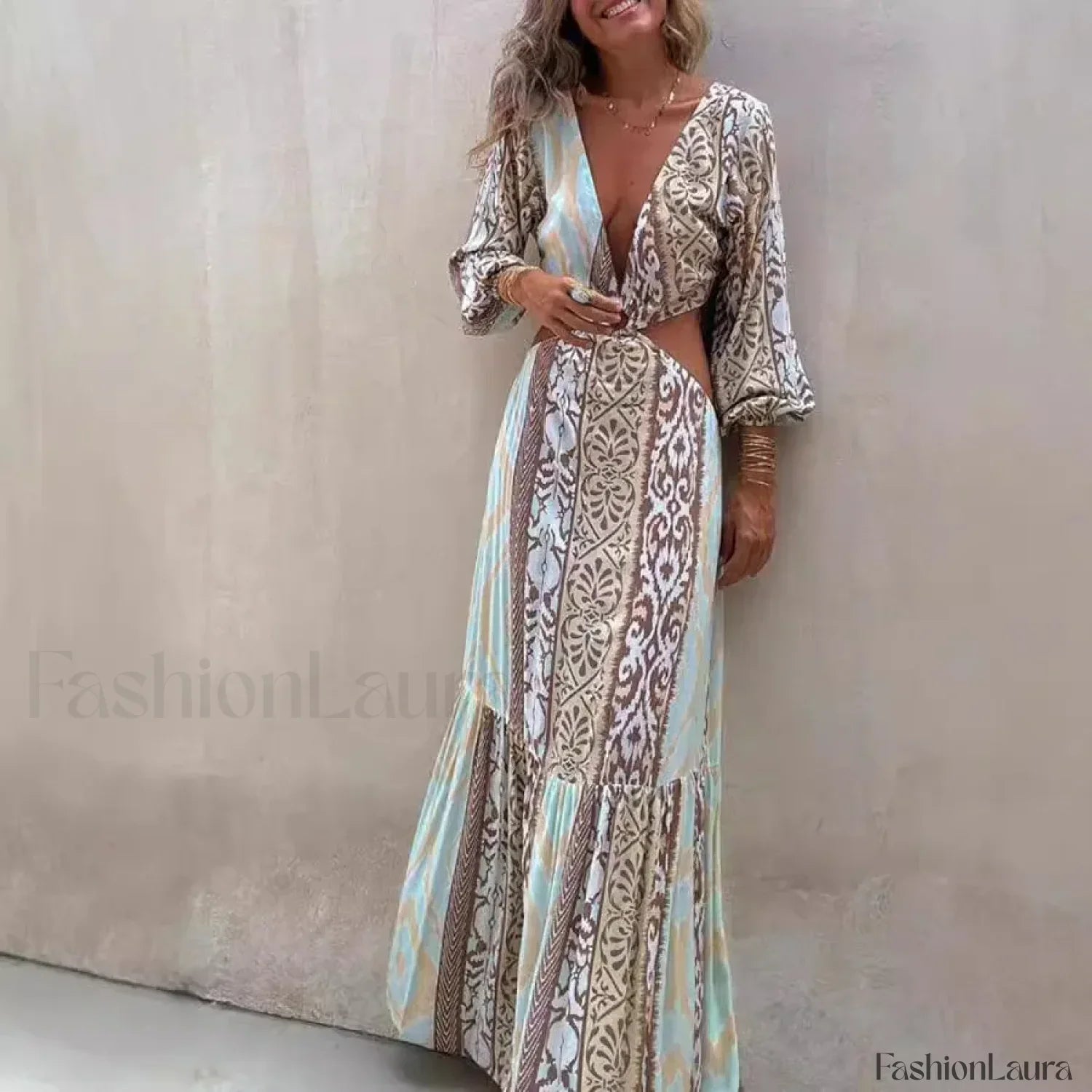 Hollow-Splicing Long-Sleeve Boho Dress