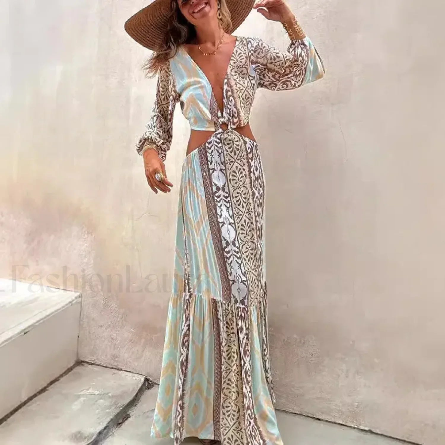 Hollow-Splicing Long-Sleeve Boho Dress
